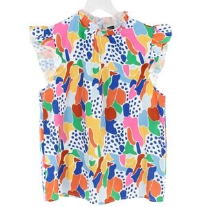 Emery Rose Abstract Print Ruffle High Neck Blouse Size S Multi-Color